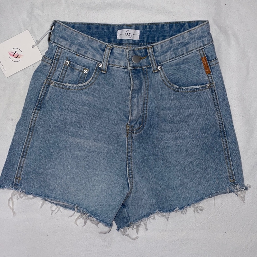 High waisted medium wash mom shorts